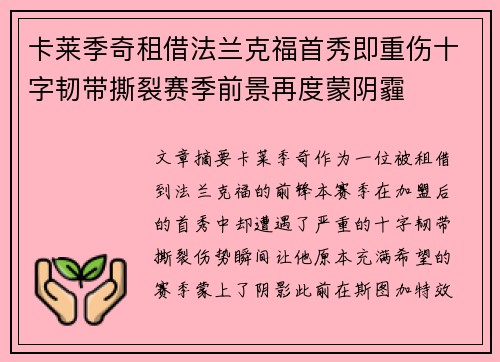 卡莱季奇租借法兰克福首秀即重伤十字韧带撕裂赛季前景再度蒙阴霾