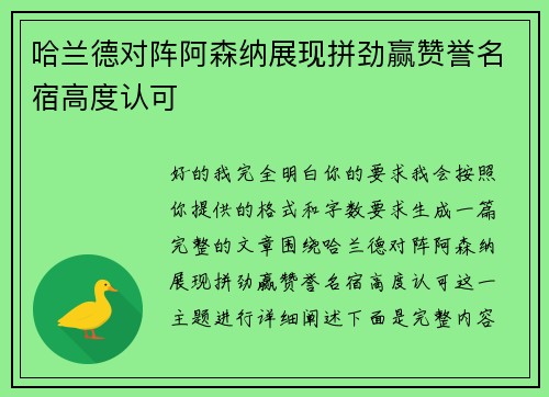 哈兰德对阵阿森纳展现拼劲赢赞誉名宿高度认可