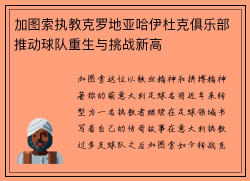 加图索执教克罗地亚哈伊杜克俱乐部推动球队重生与挑战新高